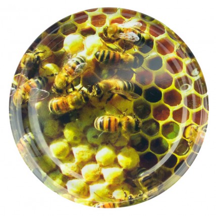 Víčko na sklenici na med plástev se včelami